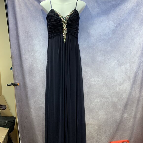 Navy Spaghetti Strap Gown with Crystal Beaded Bodice - Picture 2 of 9